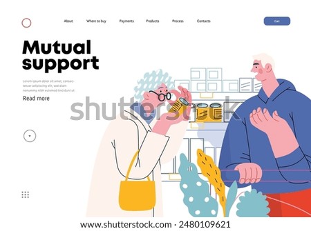 Mutual Support: Helping a visually impaired person -modern flat vector concept illustration of man offering to read label for woman in supermarket A metaphor of voluntary, collaborative exchanges
