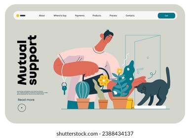 Mutual Support: Look after neighbor's house -modern flat vector concept illustration of man watering plants, looking after neighbors' cat A metaphor of voluntary, collaborative exchanges of services