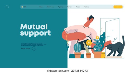 Mutual Support: Look after neighbor's house -modern flat vector concept illustration of man watering plants, looking after neighbors' cat A metaphor of voluntary, collaborative exchanges of services