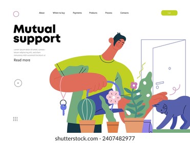 Mutual Support: Look after neighbor's house -modern flat vector concept illustration of man watering plants, looking after neighbors' cat A metaphor of voluntary, collaborative exchanges of services