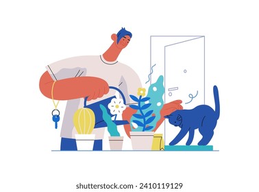 Mutual Support: Look after neighbor's house -modern flat vector concept illustration of man watering plants, looking after neighbors' cat A metaphor of voluntary, collaborative exchanges of services