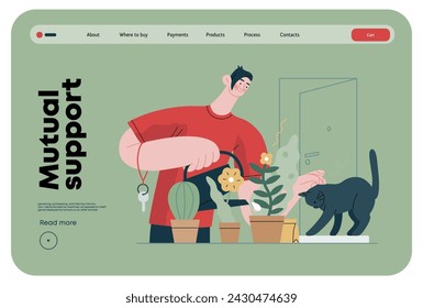 Mutual Support: Look after neighbor's house -modern flat vector concept illustration of man watering plants, looking after neighbors' cat A metaphor of voluntary, collaborative exchanges of services