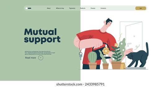Mutual Support: Look after neighbor's house -modern flat vector concept illustration of man watering plants, looking after neighbors' cat A metaphor of voluntary, collaborative exchanges of services