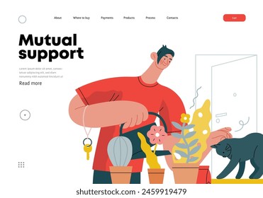 Mutual Support: Look after neighbor's house -modern flat vector concept illustration of man watering plants, looking after neighbors' cat A metaphor of voluntary, collaborative exchanges of services