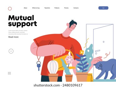 Mutual Support: Look after neighbor's house -modern flat vector concept illustration of man watering plants, looking after neighbors' cat A metaphor of voluntary, collaborative exchanges of services