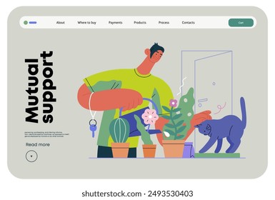 Mutual Support: Look after neighbor's house -modern flat vector concept illustration of man watering plants, looking after neighbors' cat A metaphor of voluntary, collaborative exchanges of services