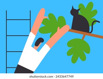 Mutual support: Man Rescue a cat from a tree. Metaphor of voluntary, joint exchange of resources and services. Flat vector illustration.