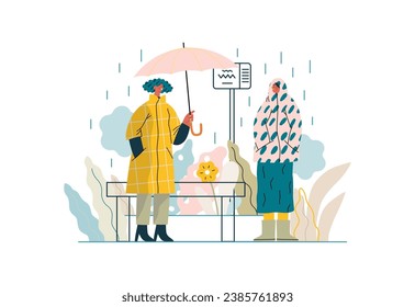 Mutual Support: Offer an umbrella to a stranger -modern flat vector concept illustration of a at a bus stop in the rain offering an umbrella A metaphor of voluntary, collaborative exchanges