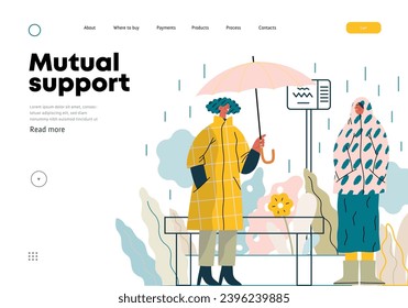 Mutual Support: Offer an umbrella to a stranger -modern flat vector concept illustration of a at a bus stop in the rain offering an umbrella A metaphor of voluntary, collaborative exchanges