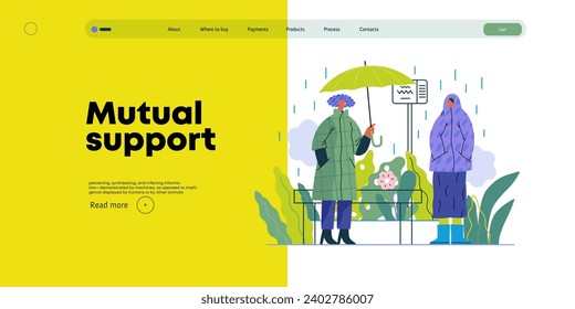 Mutual Support: Offer an umbrella to a stranger -modern flat vector concept illustration of a at a bus stop in the rain offering an umbrella A metaphor of voluntary, collaborative exchanges