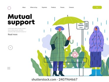 Mutual Support: Offer an umbrella to a stranger -modern flat vector concept illustration of a at a bus stop in the rain offering an umbrella A metaphor of voluntary, collaborative exchanges