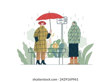 Mutual Support: Offer an umbrella to a stranger -modern flat vector concept illustration of a at a bus stop in the rain offering an umbrella A metaphor of voluntary, collaborative exchanges