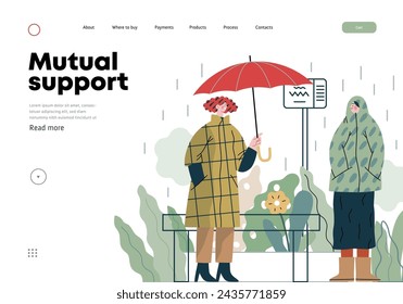 Mutual Support: Offer an umbrella to a stranger -modern flat vector concept illustration of a at a bus stop in the rain offering an umbrella A metaphor of voluntary, collaborative exchanges