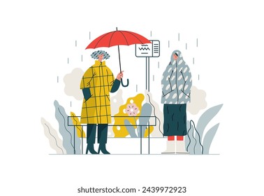 Mutual Support: Offer an umbrella to a stranger -modern flat vector concept illustration of a at a bus stop in the rain offering an umbrella A metaphor of voluntary, collaborative exchanges