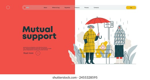 Mutual Support: Offer an umbrella to a stranger -modern flat vector concept illustration of a at a bus stop in the rain offering an umbrella A metaphor of voluntary, collaborative exchanges