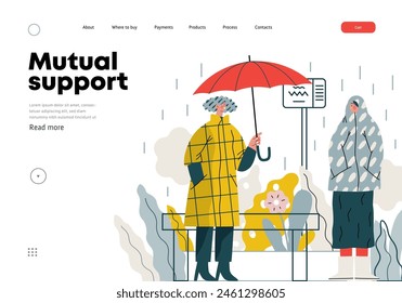 Mutual Support: Offer an umbrella to a stranger -modern flat vector concept illustration of a at a bus stop in the rain offering an umbrella A metaphor of voluntary, collaborative exchanges