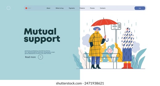 Asistencia mutua: Ofrecer un paraguas a un extraño -moderno concepto de Vector plano ilustración de un parador en una parada de autobús en la lluvia que ofrece un paraguas Una metáfora de intercambios voluntarios y colaborativos