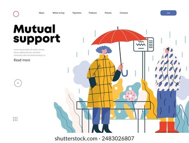 Asistencia mutua: Ofrecer un paraguas a un extraño -moderno concepto de Vector plano ilustración de un parador en una parada de autobús en la lluvia que ofrece un paraguas Una metáfora de intercambios voluntarios y colaborativos