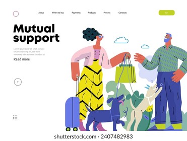 Mutual Support: Pet-sitting -modern flat vector concept illustration of a woman going on vacation leaving her dogs with neighbor. A metaphor of voluntary, collaborative exchanges of resource, services