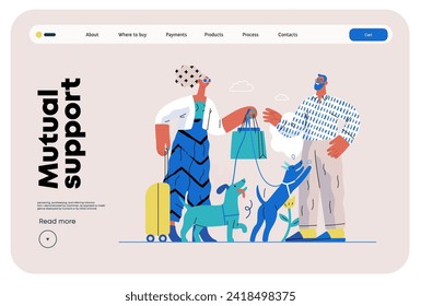 Mutual Support: Pet-sitting -modern flat vector concept illustration of a woman going on vacation leaving her dogs with neighbor. A metaphor of voluntary, collaborative exchanges of resource, services