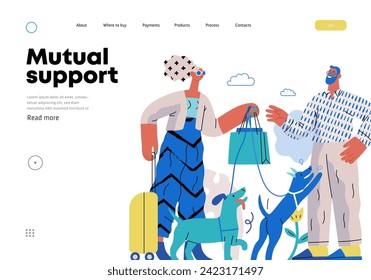 Mutual Support: Pet-sitting -modern flat vector concept illustration of a woman going on vacation leaving her dogs with neighbor. A metaphor of voluntary, collaborative exchanges of resource, services