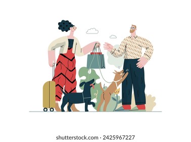 Mutual Support: Pet-sitting -modern flat vector concept illustration of a woman going on vacation leaving her dogs with neighbor. A metaphor of voluntary, collaborative exchanges of resource, services