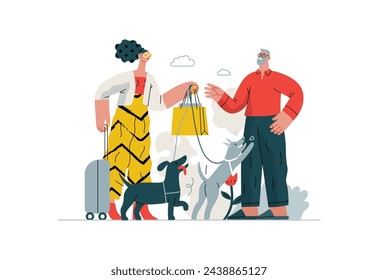 Mutual Support: Pet-sitting -modern flat vector concept illustration of a woman going on vacation leaving her dogs with neighbor. A metaphor of voluntary, collaborative exchanges of resource, services