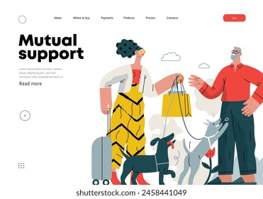 Mutual Support: Pet-sitting -modern flat vector concept illustration of a woman going on vacation leaving her dogs with neighbor. A metaphor of voluntary, collaborative exchanges of resource, services