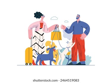 Mutual Support: Pet-sitting -modern flat vector concept illustration of a woman going on vacation leaving her dogs with neighbor. A metaphor of voluntary, collaborative exchanges of resource, services