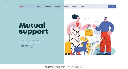 Mutual Support: Pet-sitting -modern flat vector concept illustration of a woman going on vacation leaving her dogs with neighbor. A metaphor of voluntary, collaborative exchanges of resource, services
