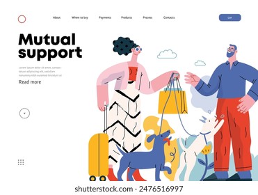Mutual Support: Pet-sitting -modern flat vector concept illustration of a woman going on vacation leaving her dogs with neighbor. A metaphor of voluntary, collaborative exchanges of resource, services
