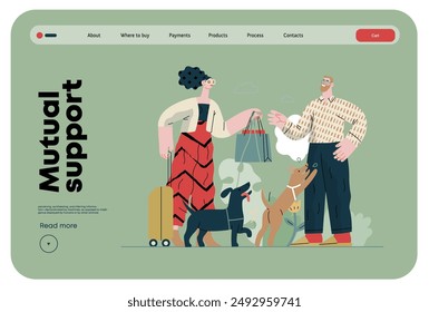 Mutual Support: Pet-sitting -modern flat vector concept illustration of a woman going on vacation leaving her dogs with neighbor. A metaphor of voluntary, collaborative exchanges of resource, services