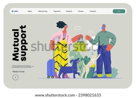 Mutual Support: Pet-sitting -modern flat vector concept illustration of a woman going on vacation leaving her dogs with neighbor. A metaphor of voluntary, collaborative exchanges of resource, services