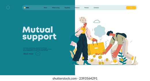 Mutual Support: Pick up fallen item -modern flat vector concept illustration of man collecting fruits that fell from woman's bag A metaphor of voluntary, collaborative exchanges of resource, services