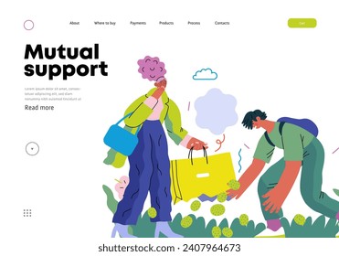 Mutual Support: Pick up fallen item -modern flat vector concept illustration of man collecting fruits that fell from woman's bag A metaphor of voluntary, collaborative exchanges of resource, services