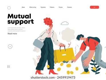 Mutual Support: Pick up fallen item -modern flat vector concept illustration of man collecting fruits that fell from woman's bag A metaphor of voluntary, collaborative exchanges of resource, services