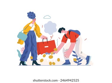 Mutual Support: Pick up fallen item -modern flat vector concept illustration of man collecting fruits that fell from woman's bag A metaphor of voluntary, collaborative exchanges of resource, services