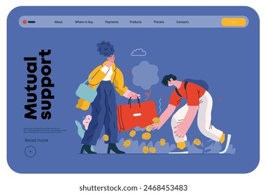 Mutual Support: Pick up fallen item -modern flat vector concept illustration of man collecting fruits that fell from woman's bag A metaphor of voluntary, collaborative exchanges of resource, services