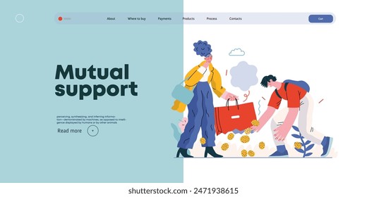 Mutual Support: Pick up fallen item -modern flat vector concept illustration of man collecting fruits that fell from woman's bag A metaphor of voluntary, collaborative exchanges of resource, services