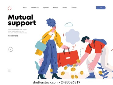 Mutual Support: Pick up fallen item -modern flat vector concept illustration of man collecting fruits that fell from woman's bag A metaphor of voluntary, collaborative exchanges of resource, services