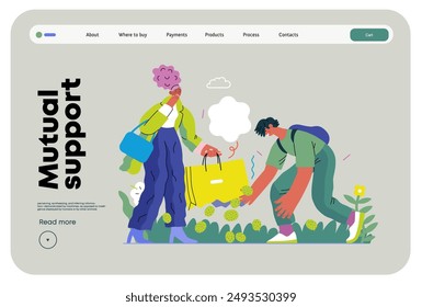 Mutual Support: Pick up fallen item -modern flat vector concept illustration of man collecting fruits that fell from woman's bag A metaphor of voluntary, collaborative exchanges of resource, services