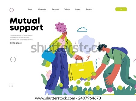 Mutual Support: Pick up fallen item -modern flat vector concept illustration of man collecting fruits that fell from woman's bag A metaphor of voluntary, collaborative exchanges of resource, services