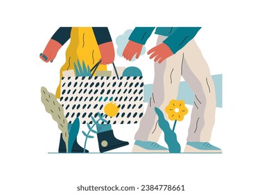 Mutual Support: Picking Up the Dropped Item -modern flat vector concept illustration of a woman carrying shopping bag being assisted by man. Metaphor of voluntary, collaborative exchanges of services