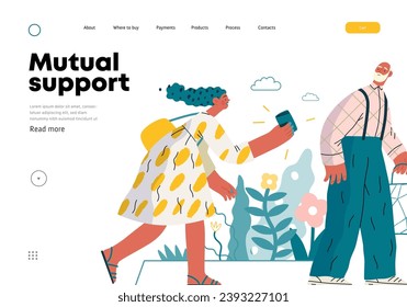 Mutual Support: Picking Up the Dropped Item -modern flat vector concept illustration of a woman who picked up a wallet lost by an elderly man Metaphor of voluntary, collaborative exchanges of services