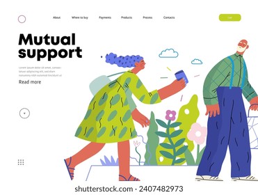 Mutual Support: Picking Up the Dropped Item -modern flat vector concept illustration of a woman who picked up a wallet lost by an elderly man Metaphor of voluntary, collaborative exchanges of services svg