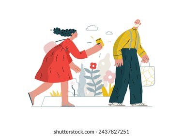 Mutual Support: Picking Up the Dropped Item -modern flat vector concept illustration of a woman who picked up a wallet lost by an elderly man Metaphor of voluntary, collaborative exchanges of services svg