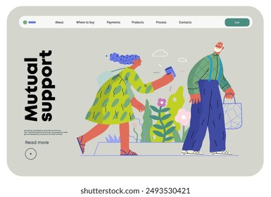 Mutual Support: Picking Up the Dropped Item -modern flat vector concept illustration of a woman who picked up a wallet lost by an elderly man Metaphor of voluntary, collaborative exchanges of services