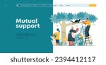 Mutual Support: Rescue cat from tree -modern flat vector concept illustration of elderly woman and man on a ladder under the tree Metaphor of voluntary, collaborative exchanges of resource, services