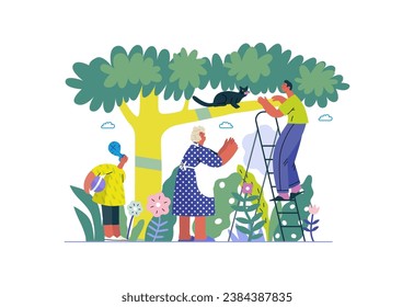 Mutual Support: Rescue cat from tree -modern flat vector concept illustration of elderly woman and man on a ladder under the tree Metaphor of voluntary, collaborative exchanges of resource, services