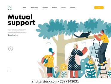 Mutual Support: Rescue cat from tree -modern flat vector concept illustration of elderly woman and man on a ladder under the tree Metaphor of voluntary, collaborative exchanges of resource, services